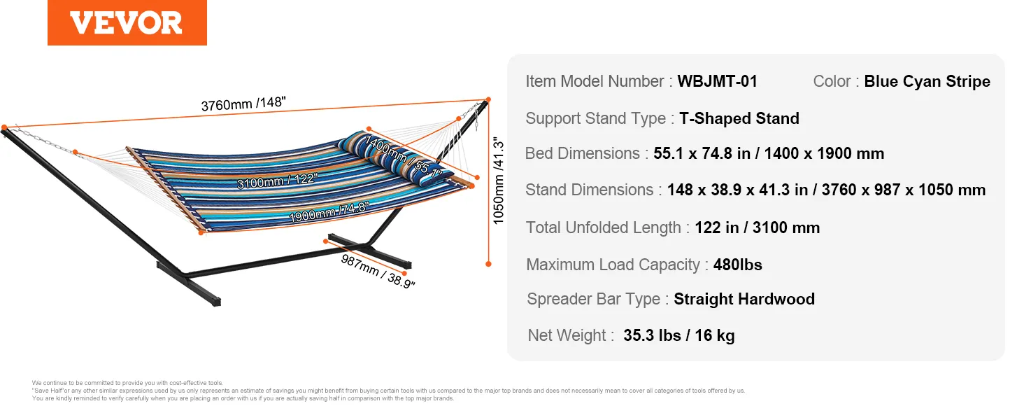 VEVOR double hammock with t-shaped stand and blue cyan stripe, 480lbs capacity, 55.1x74.8 in bed.