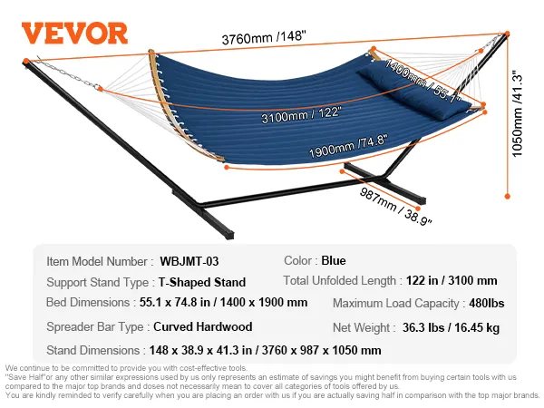 blue VEVOR double hammock with t-shaped stand, curved hardwood spreader bar, and dimensions listed.