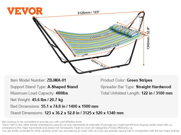 VEVOR double hammock with a-shaped stand, green stripes, 480lbs capacity, dimensions 123"x36.2"x52.8".