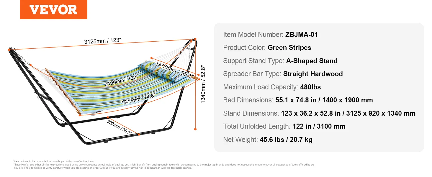 VEVOR double hammock with a-shaped stand, green stripes, 480lbs capacity, dimensions 123"x36.2"x52.8".