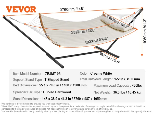 VEVOR double quilted hammock with t-shaped stand, curved hardwood spreader bar, creamy white color.