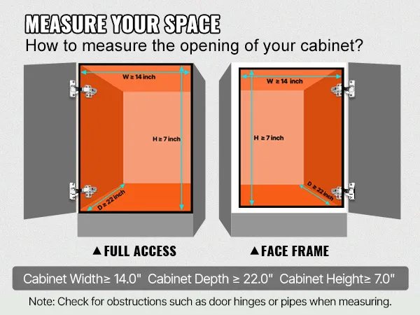how to measure cabinet space for VEVOR pull out cabinet organizer, showing width, height, and depth.