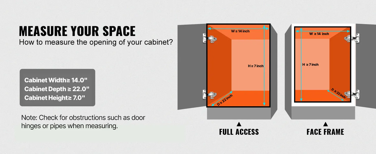 how to measure cabinet space for VEVOR pull out cabinet organizer, showing width, height, and depth.