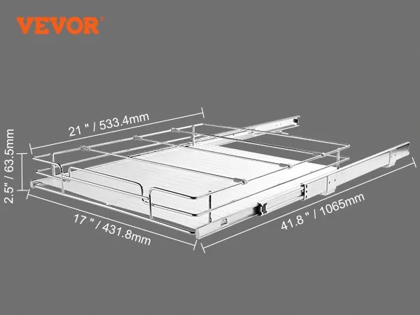 VEVOR pull out cabinet organizer dimensions and components: max 41.8"x17", includes frosted pad, rods.