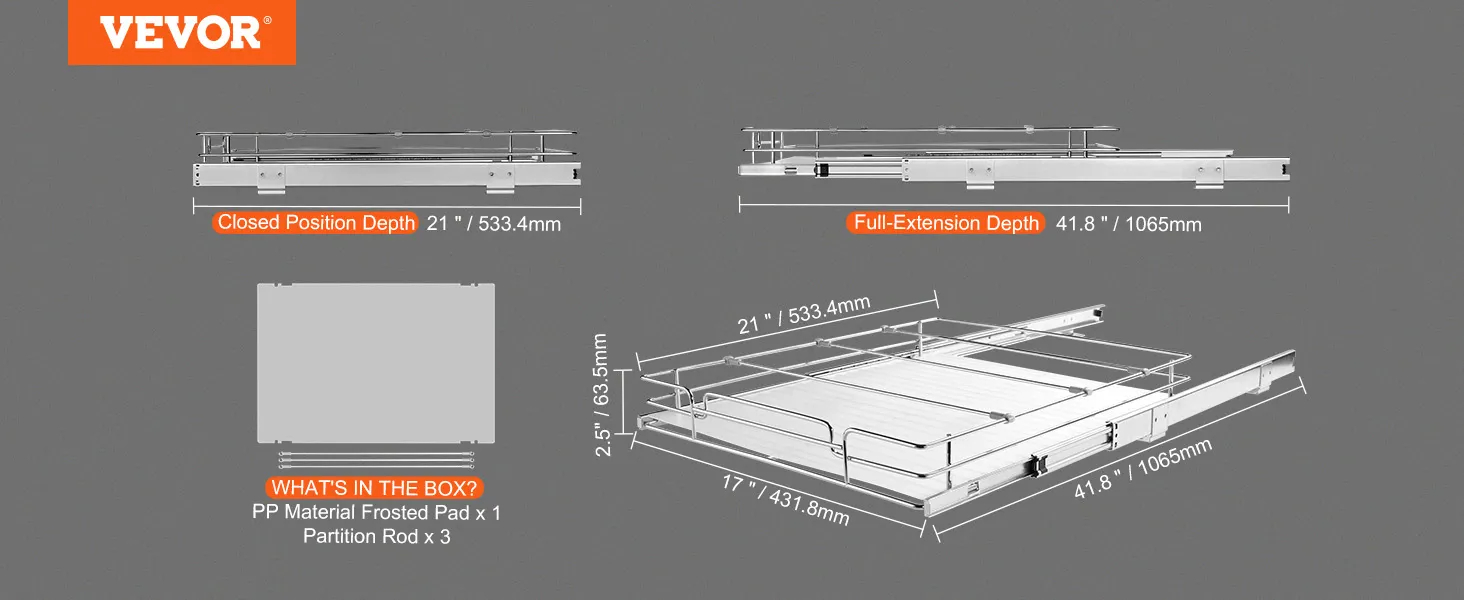 VEVOR pull out cabinet organizer dimensions and components: max 41.8"x17", includes frosted pad, rods.