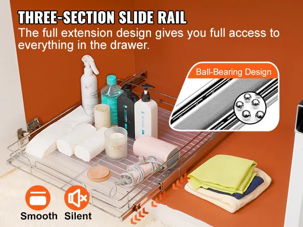 VEVOR pull out cabinet organizer with three-section slide rail, showcasing smooth, silent ball-bearing design.