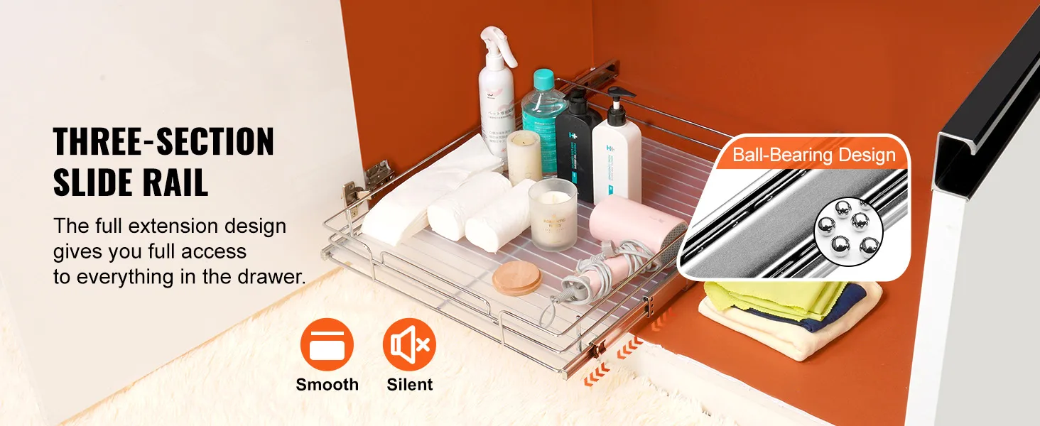 VEVOR pull out cabinet organizer with three-section slide rail, showcasing smooth, silent ball-bearing design.