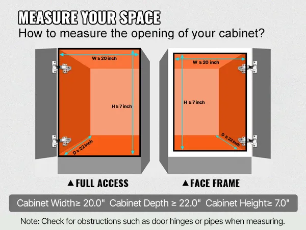 measure your space - guidelines for measuring cabinet width, depth, and height for VEVOR pull out cabinet organizer.