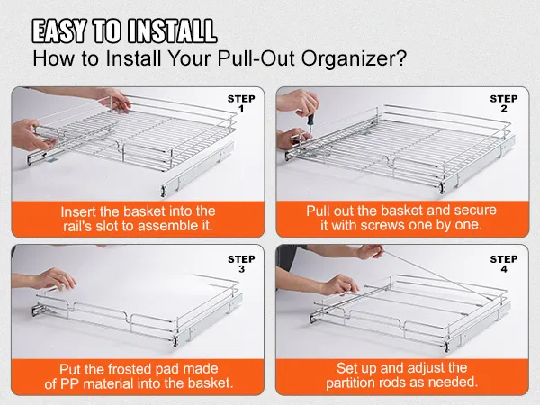 easy installation steps for the VEVOR pull out cabinet organizer: insert, secure, pad, and adjust.
