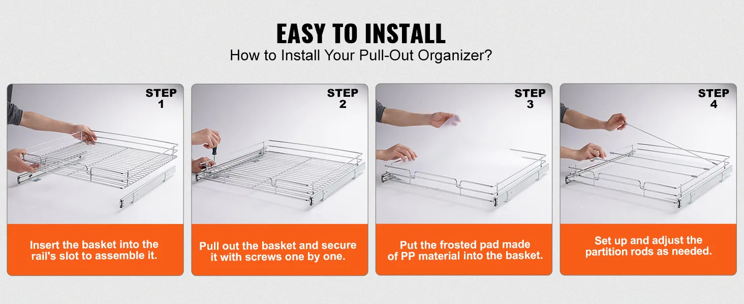 easy installation steps for the VEVOR pull out cabinet organizer: insert, secure, pad, and adjust.