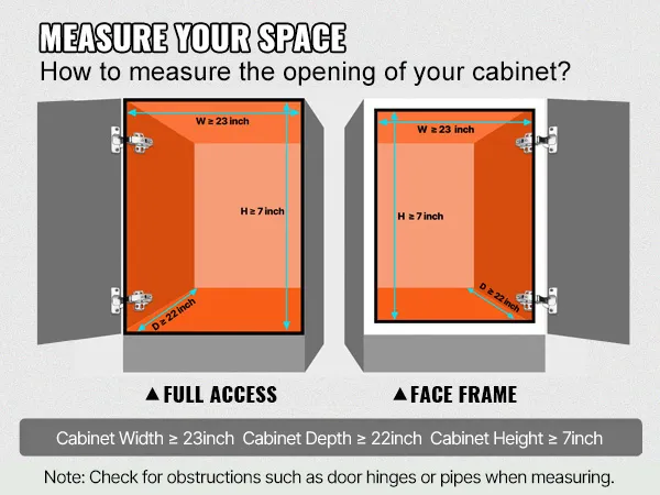 measure your space for the VEVOR pull out cabinet organizer. ensure width ≥ 21.1", depth ≥ 21.0", height ≥ 3.3".