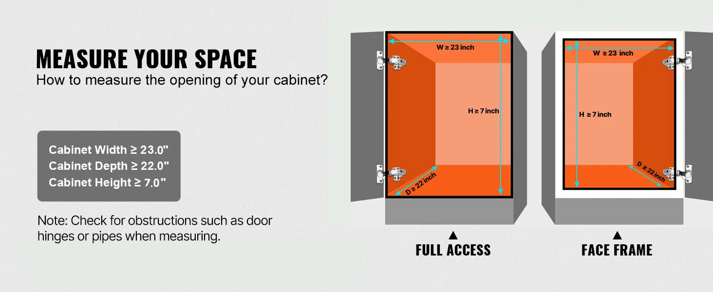 measure your space for the VEVOR pull out cabinet organizer. ensure width ≥ 21.1", depth ≥ 21.0", height ≥ 3.3".