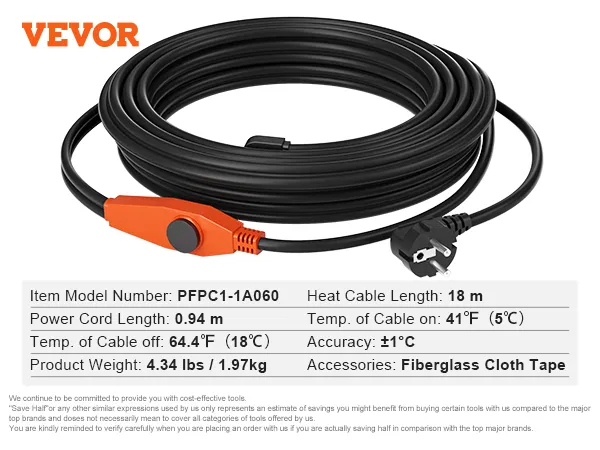 Pipe Heating Cable 60FT 7W/FT Heat Tape for Pipes with Built-in Thermostat