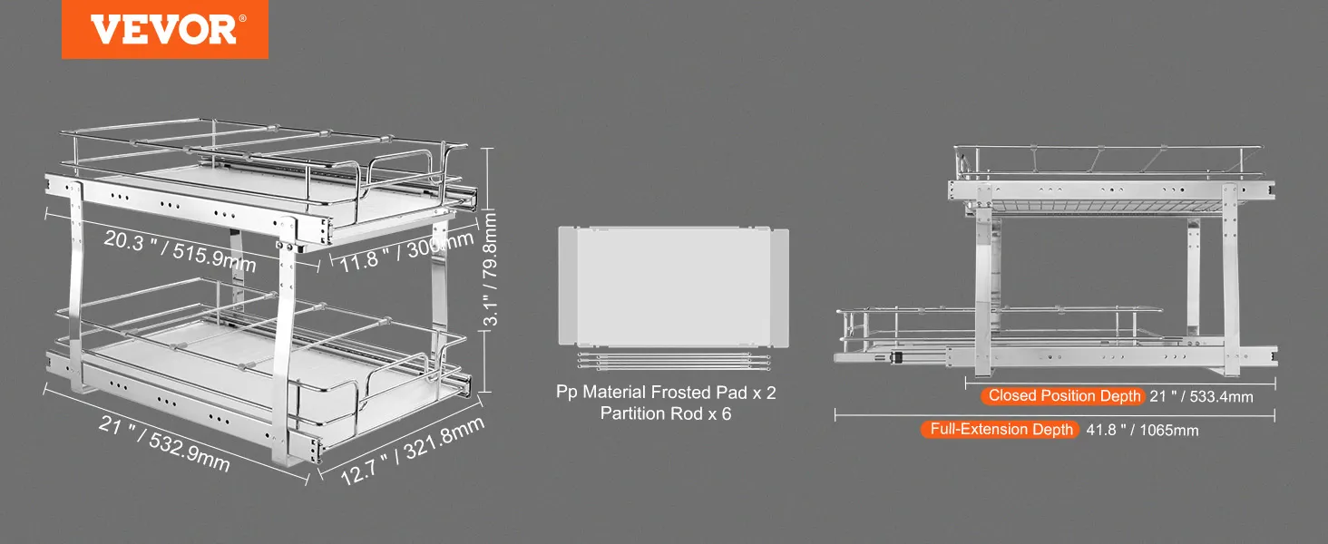 Afmetingen en structuur van de VEVOR uittrekbare kastorganizer met volledige uitschuifbare en gesloten positie.