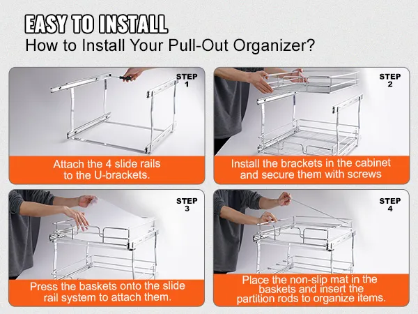 Eenvoudige installatiehandleiding voor de VEVOR uittrekbare kastorganizer in 4 stappen. Perfecte organizer voor kasten.