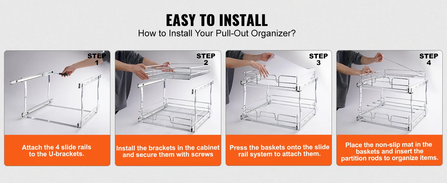Eenvoudige installatiehandleiding voor de VEVOR uittrekbare kastorganizer in 4 stappen. Perfecte organizer voor kasten.