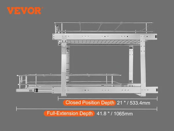 VEVOR pull out cabinet organizer dimensions and components displayed.