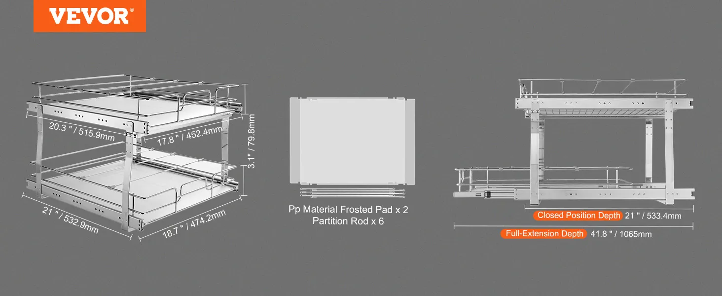 VEVOR pull out cabinet organizer dimensions and components displayed.