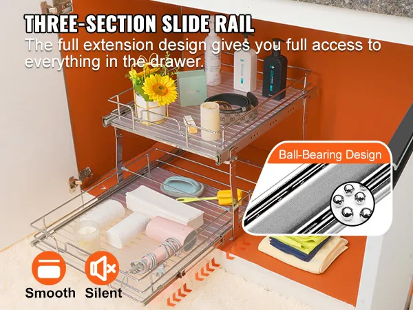 VEVOR pull out cabinet organizer with three-section slide rail, smooth and silent ball-bearing design.