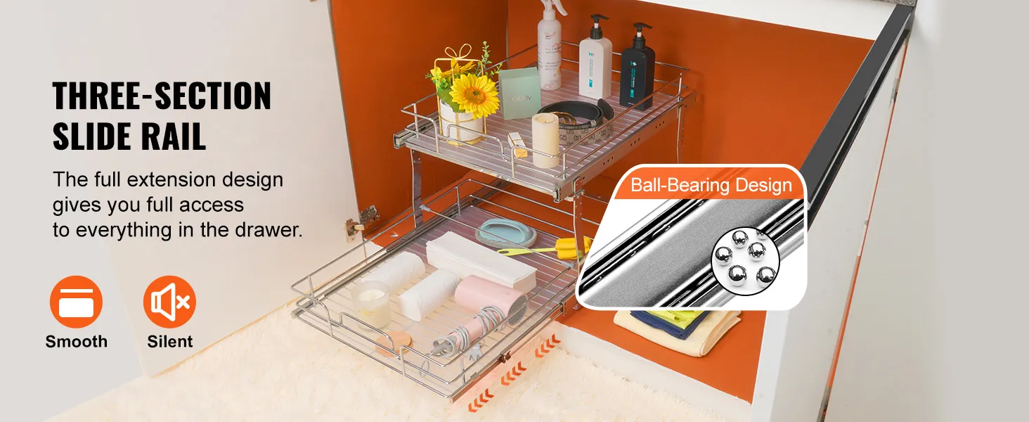 VEVOR pull out cabinet organizer with three-section slide rail, smooth and silent ball-bearing design.