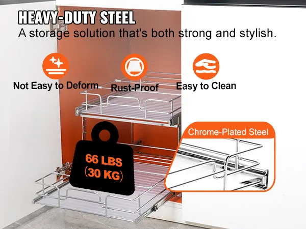 heavy-duty VEVOR pull out cabinet organizer made of rust-proof chrome-plated steel, supporting 66 lbs.