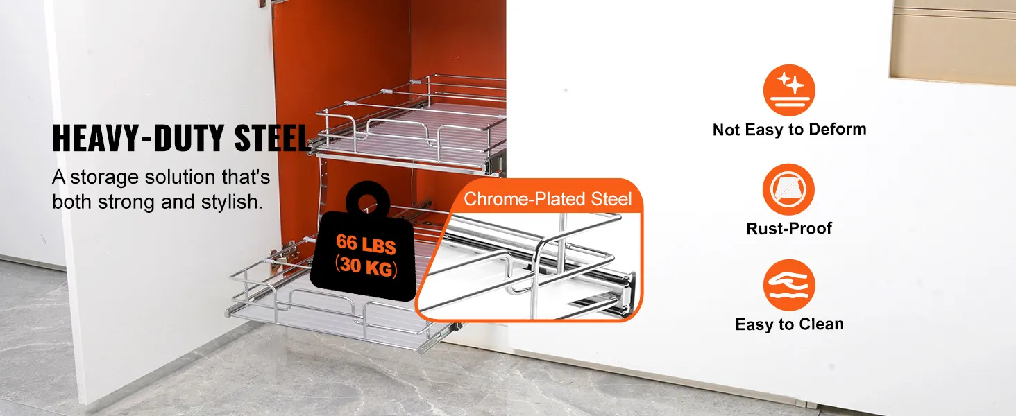 heavy-duty VEVOR pull out cabinet organizer made of rust-proof chrome-plated steel, supporting 66 lbs.