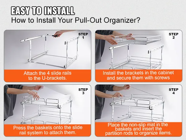 how to install VEVOR pull out cabinet organizer in 4 steps with u-brackets, screws, slide rails, and baskets.