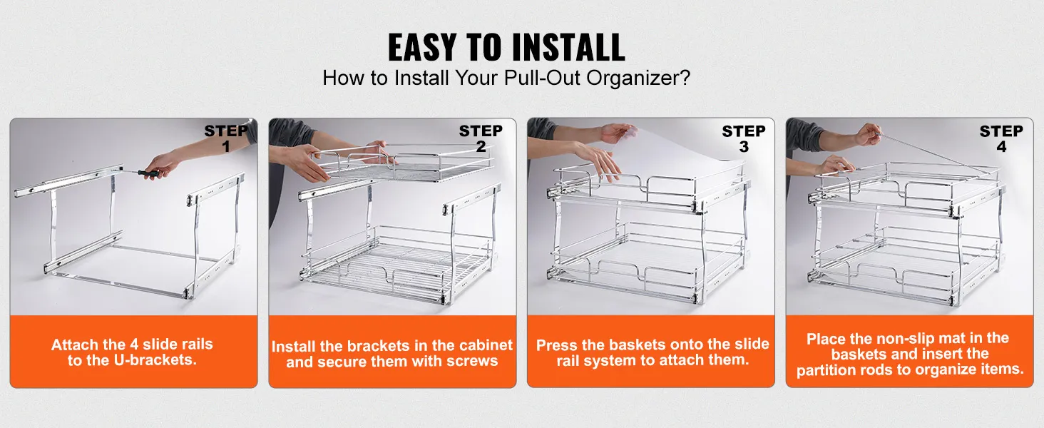 how to install VEVOR pull out cabinet organizer in 4 steps with u-brackets, screws, slide rails, and baskets.