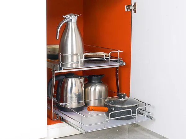 stainless steel kettles and cookware on VEVOR pull out cabinet organizer in a modern kitchen cabinet.
