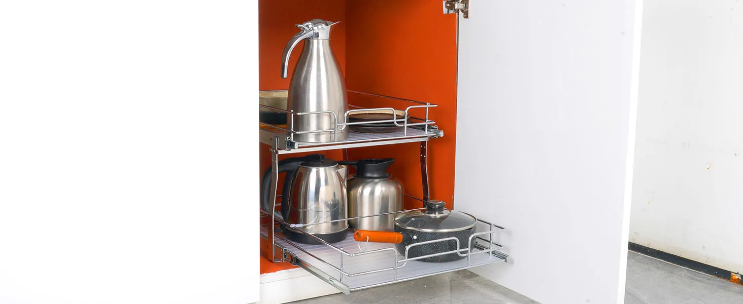 stainless steel kettles and cookware on VEVOR pull out cabinet organizer in a modern kitchen cabinet.
