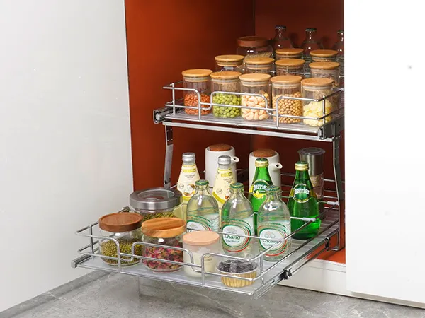 VEVOR pull out cabinet organizer with jars and bottles neatly arranged on two sliding shelves.