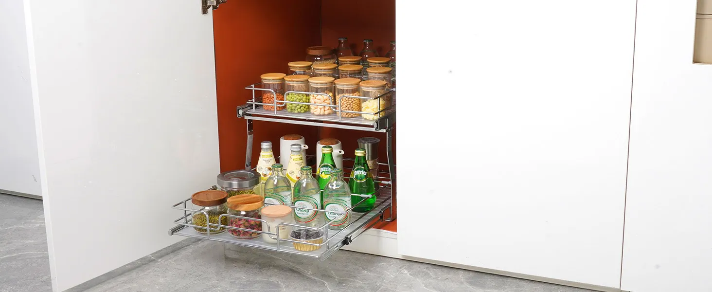 VEVOR pull out cabinet organizer with jars and bottles neatly arranged on two sliding shelves.