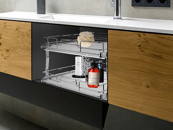 modern bathroom vanity with VEVOR pull out cabinet organizer storing toiletries and cleaning supplies.