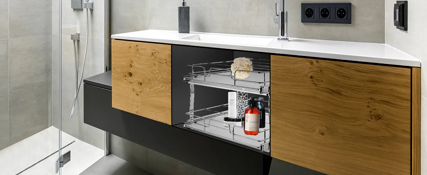 modern bathroom vanity with VEVOR pull out cabinet organizer storing toiletries and cleaning supplies.