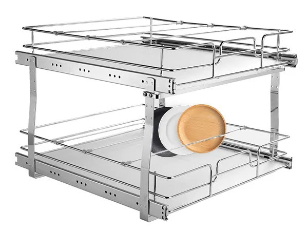 VEVOR pull out cabinet organizer with dual sliding shelves, featuring metal frame and wooden accent plate.