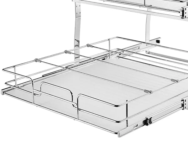 VEVOR pull out cabinet organizer featuring a lower rack with chrome finish and sliding mechanism.