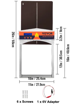 Puerta automática para gallinero VEVOR con dimensiones y accesorios incluidos.