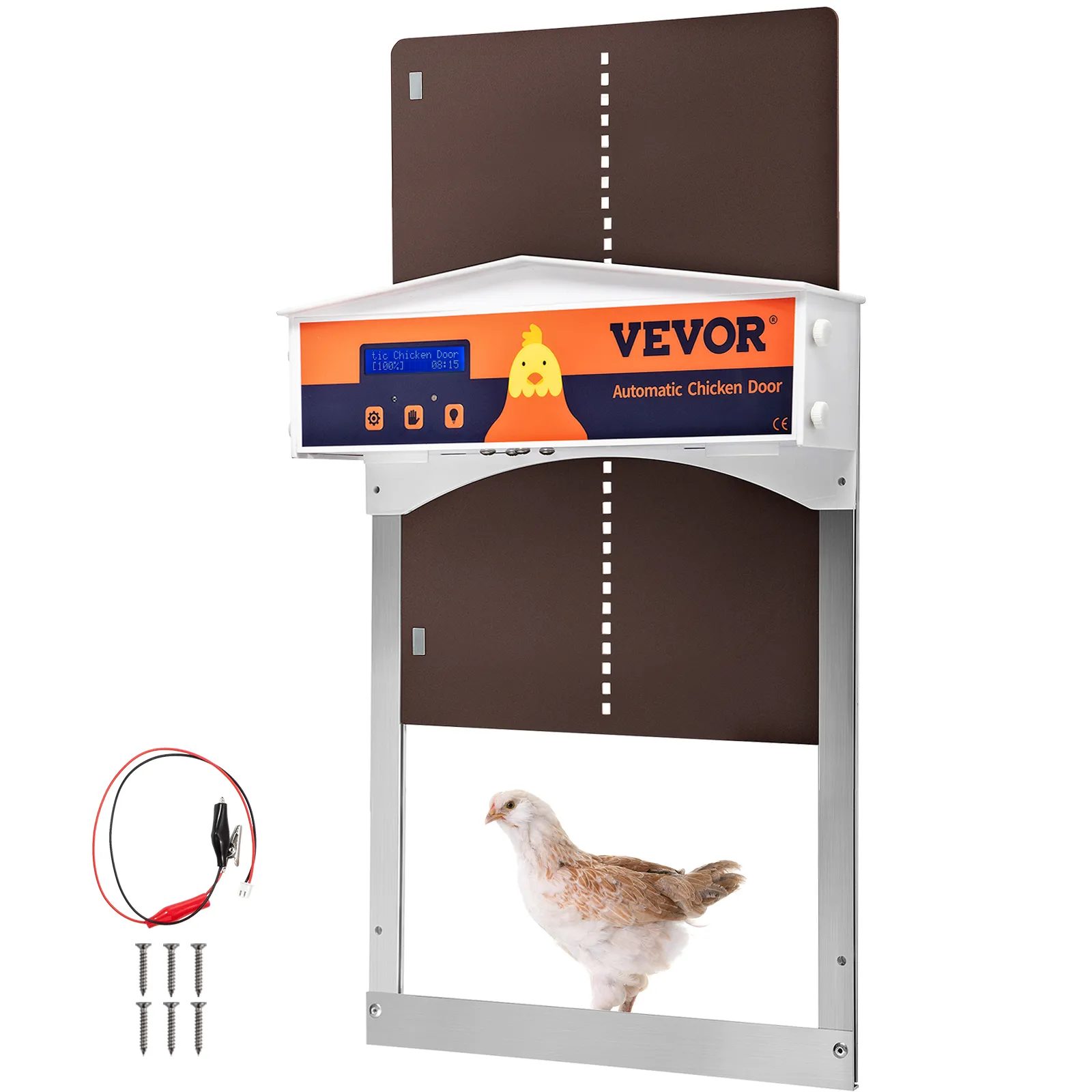 Puerta automática para gallinero VEVOR con gallinero, tornillos y conectores de cables.