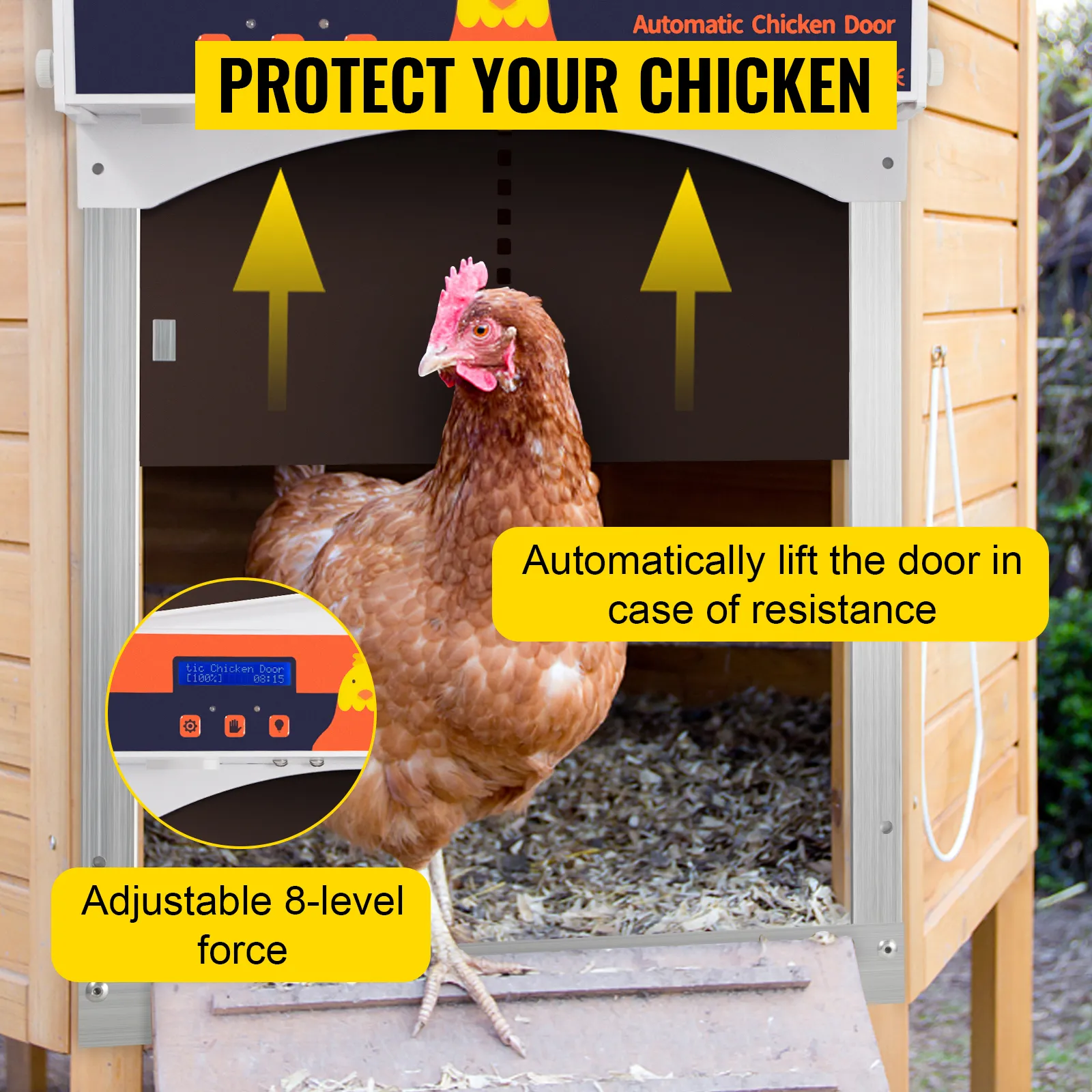 Puerta automática para gallinero VEVOR con fuerza ajustable de 8 niveles, protegiendo a las gallinas.