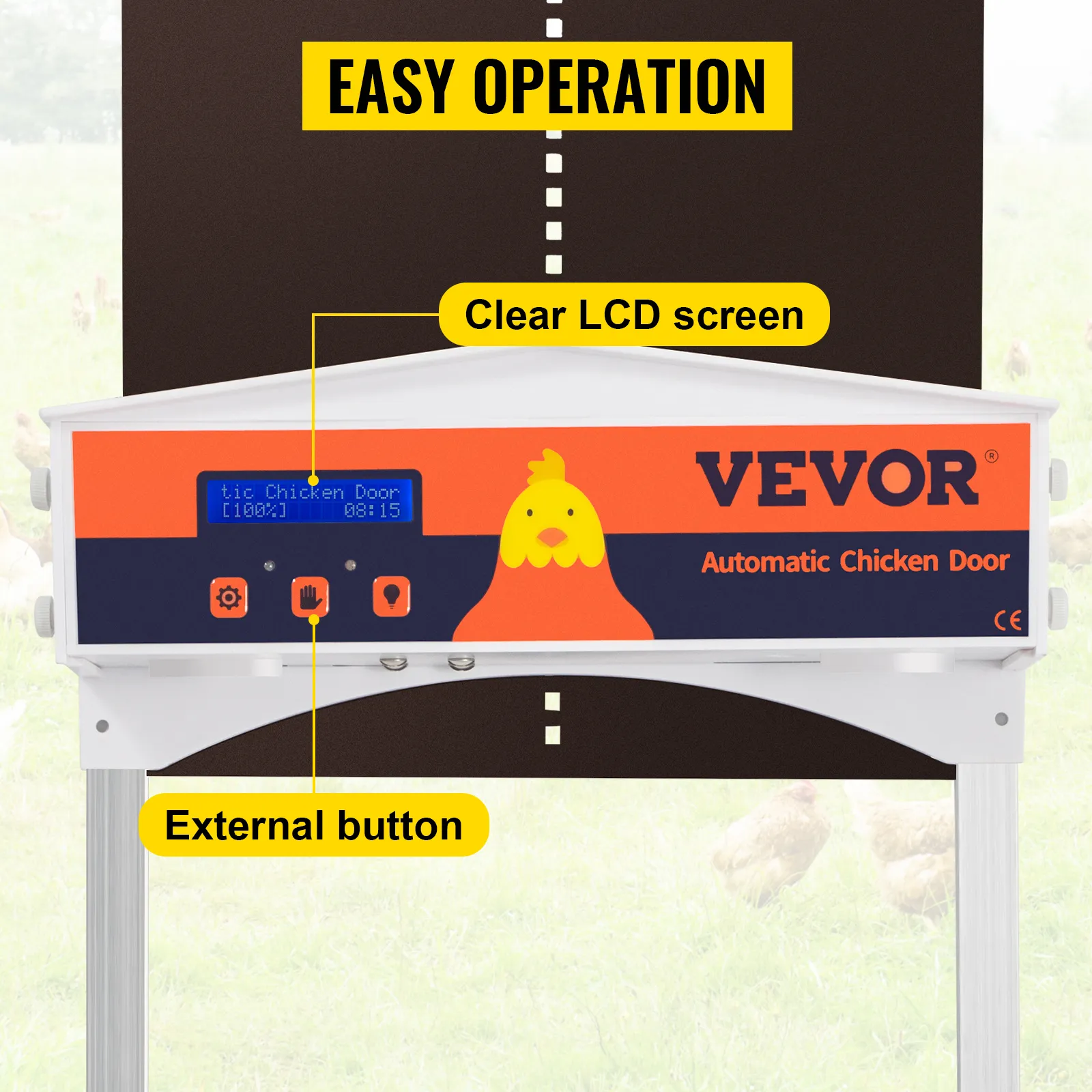 Puerta automática para gallinero VEVOR con pantalla lcd y botón externo.