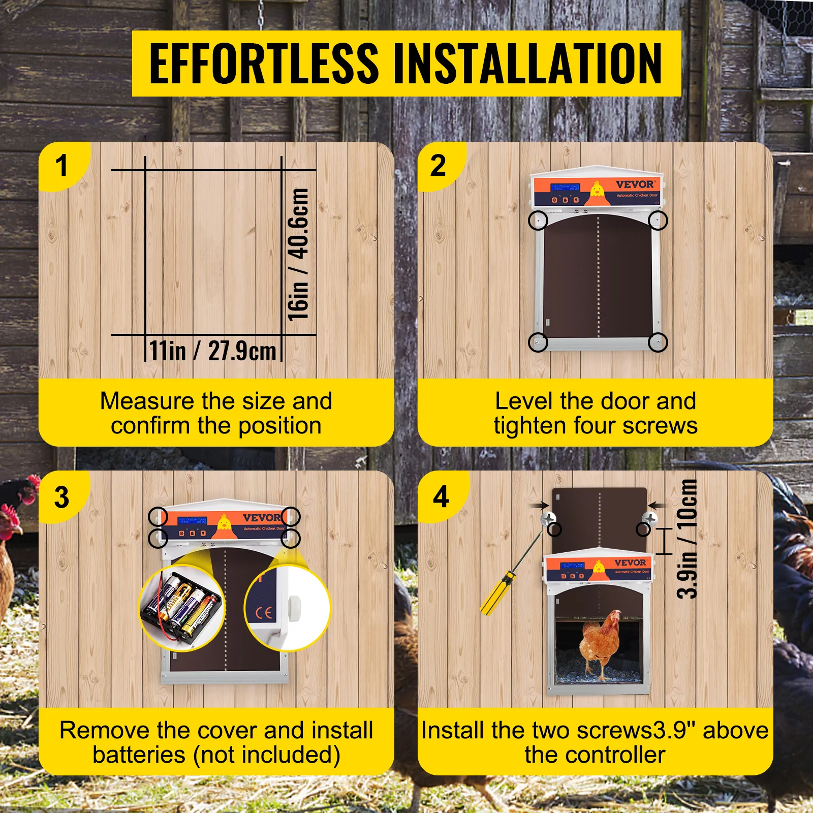 Instalación sin esfuerzo de la puerta automática para gallinero VEVOR con instrucciones paso a paso.
