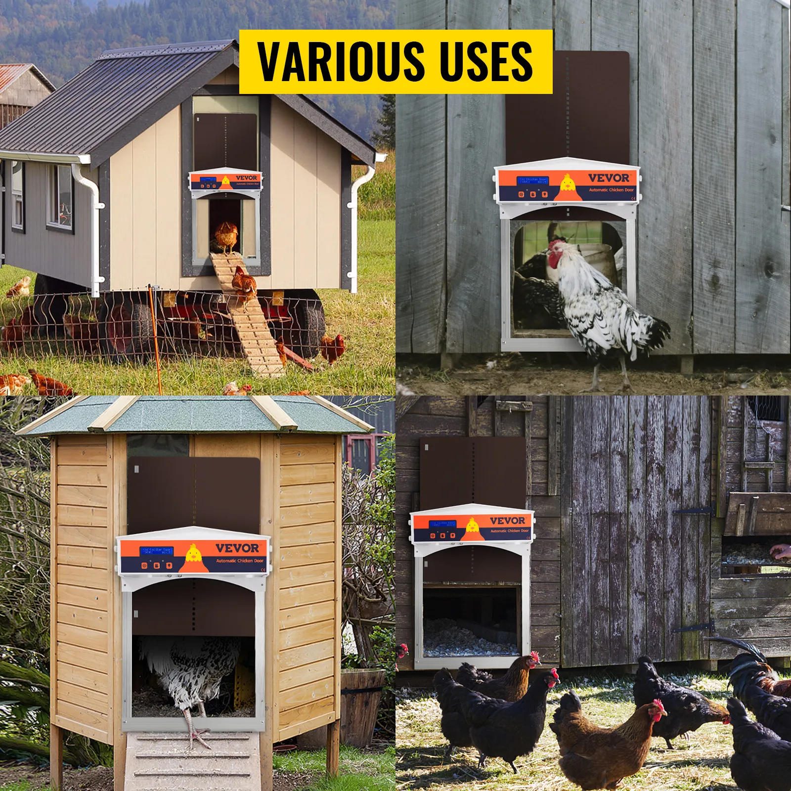 Puerta automática para gallinero VEVOR mostrada en varios tipos de gallineros.