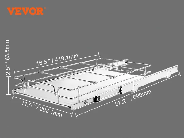 VEVOR pull out cabinet organizer with full-extension and closed position depth measurements