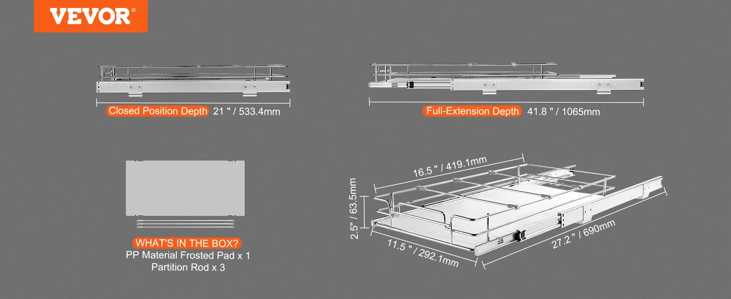 VEVOR pull out cabinet organizer with full-extension and closed position depth measurements