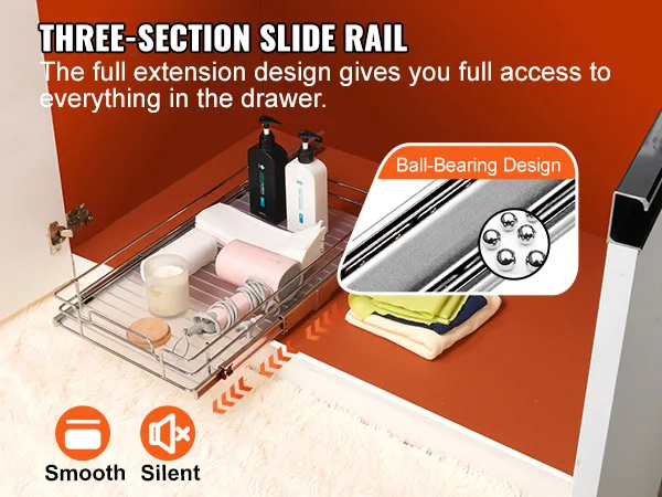 VEVOR pull out cabinet organizer with three-section slide rail for full access, smooth and silent operation.