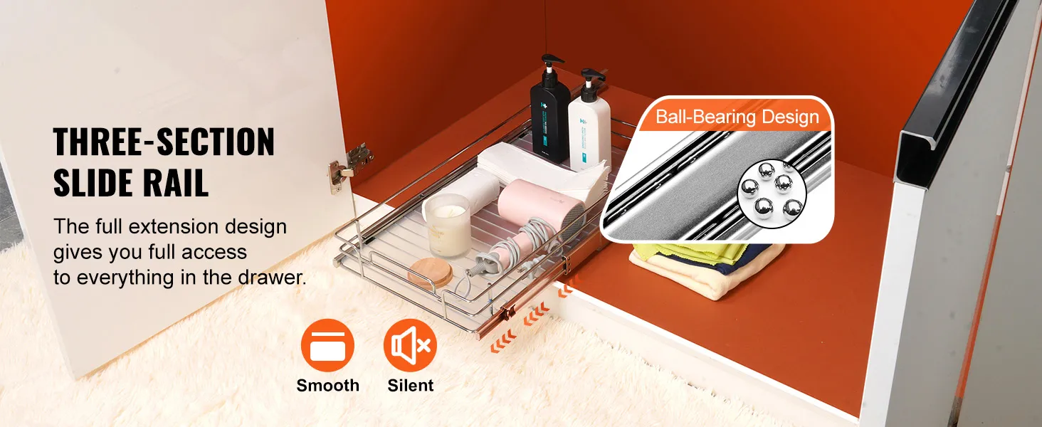 VEVOR pull out cabinet organizer with three-section slide rail for full access, smooth and silent operation.