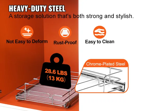 VEVOR pull out cabinet organizer with heavy-duty steel, chrome-plated, rust-proof, easy to clean.