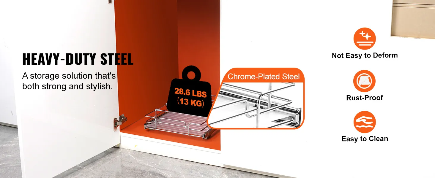 VEVOR pull out cabinet organizer with heavy-duty steel, chrome-plated, rust-proof, easy to clean.