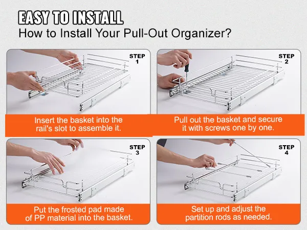 installation steps for the VEVOR pull out cabinet organizer: attach, secure, add pp pad, and adjust rods.