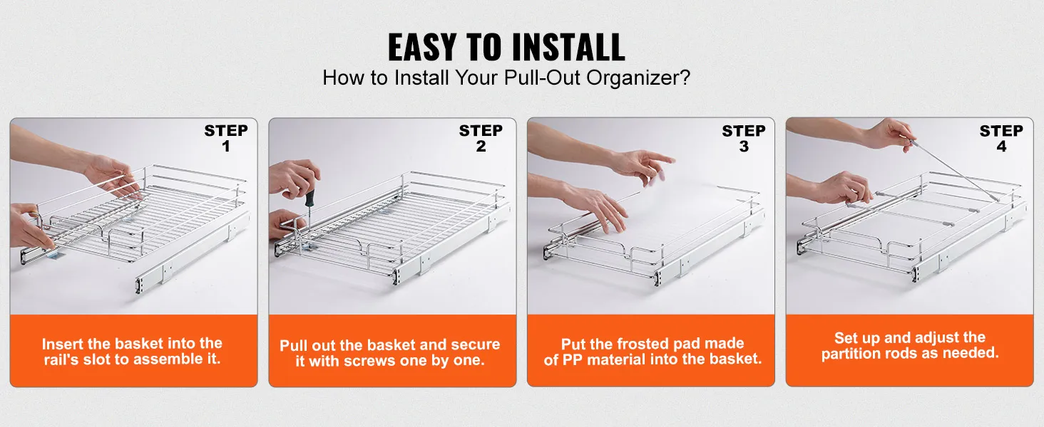 installation steps for the VEVOR pull out cabinet organizer: attach, secure, add pp pad, and adjust rods.